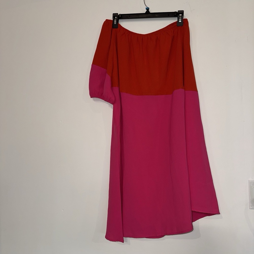 NWT Kirundo Women L Colorblock 1 Shoulder Dress Pink Red Puff Sleeve Asymmetric